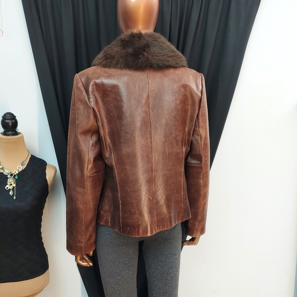 Guess Brown Leather Jacket with Faux Fur Collar - Picture 3 of 15